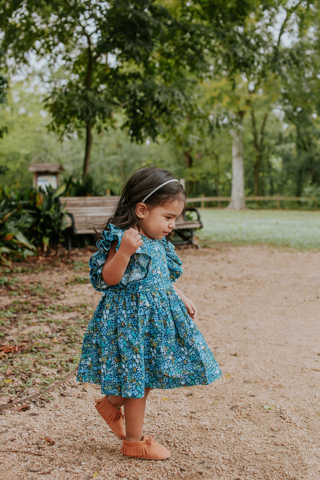 little girls blue and yellow floral rifle paper co flutter sleeve dress