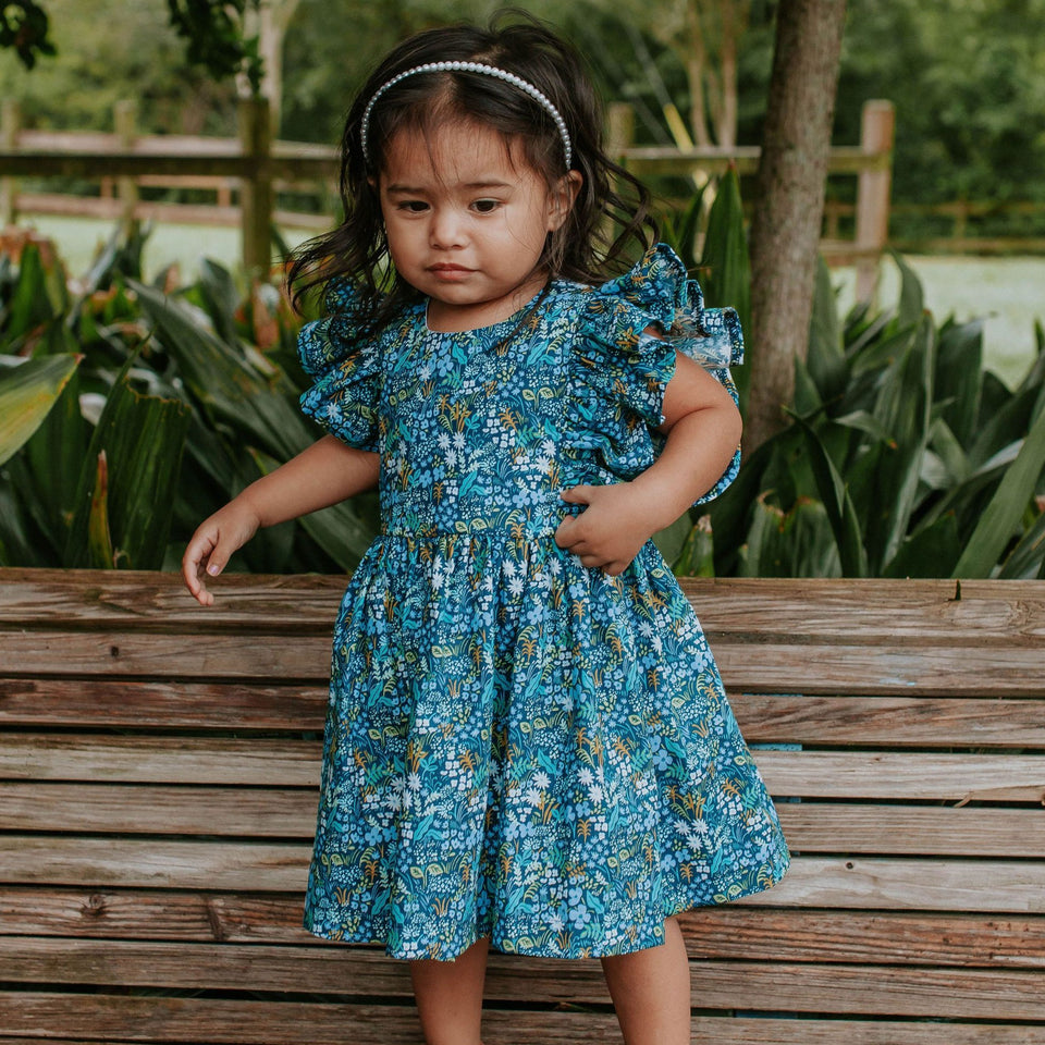 little girls navy and yellow rifle paper ruffle dress