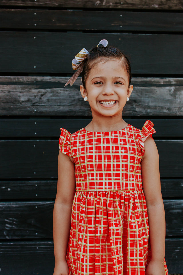 Little Girl's Red and Gold Tartan Print Cotton Christmas Dress