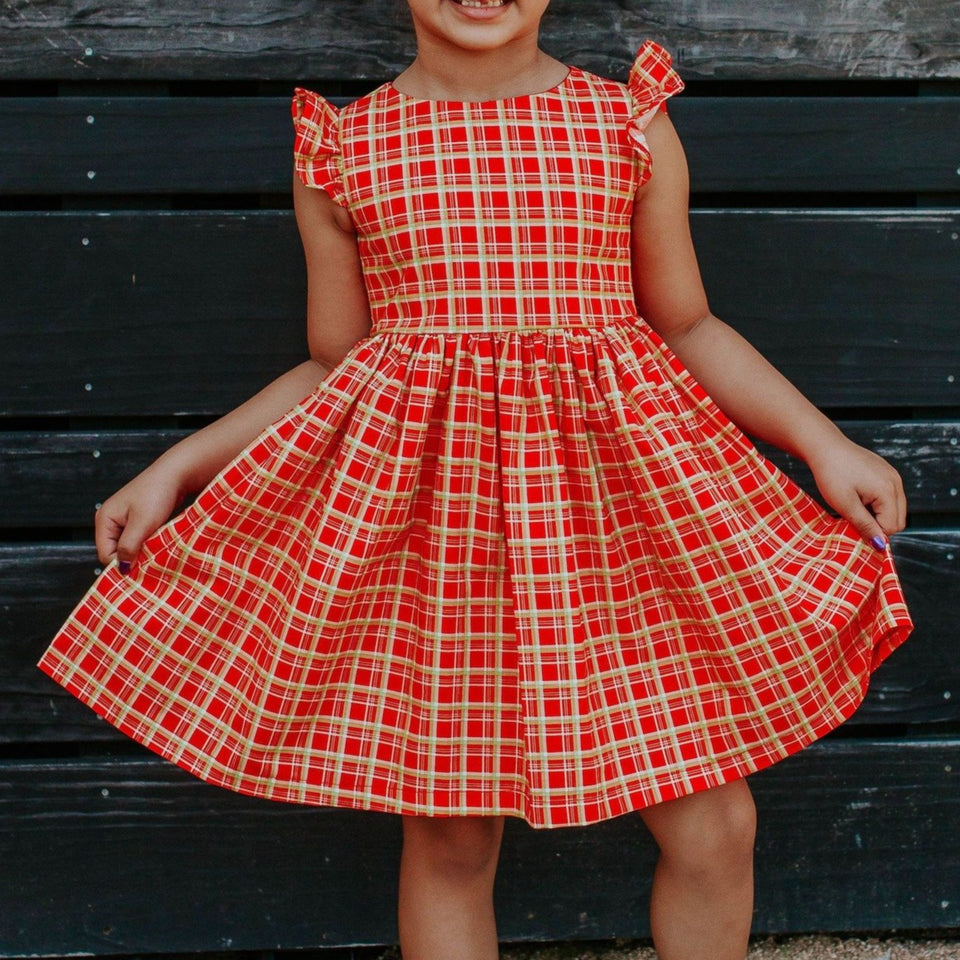 Little Girl s Red and Gold Tartan Print Cotton Christmas Dress