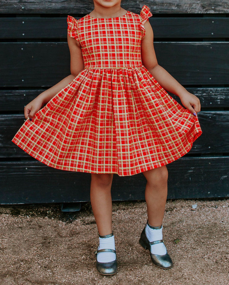little girls red and gold Christmas tartan print cotton dress