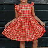 Little Girl's Red and Gold Tartan Print Cotton Christmas Dress