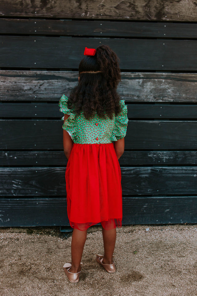 cuteheads Little Girl s Green and Red Santa s Stocking Print Dress with Red Tulle Skirt 7 Red Green