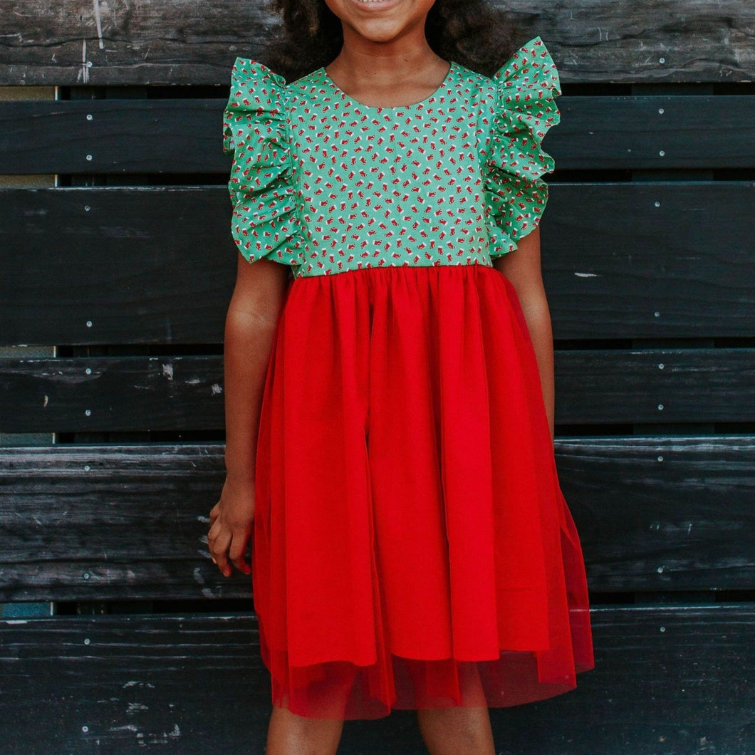 Little Girl's Green and Red Santa's Stocking Ruffle Twirl Dress with Red Tulle Skirt