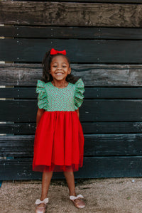 Little Girl s Green and Red Santa s Stocking Print Dress with Red Tull cuteheads