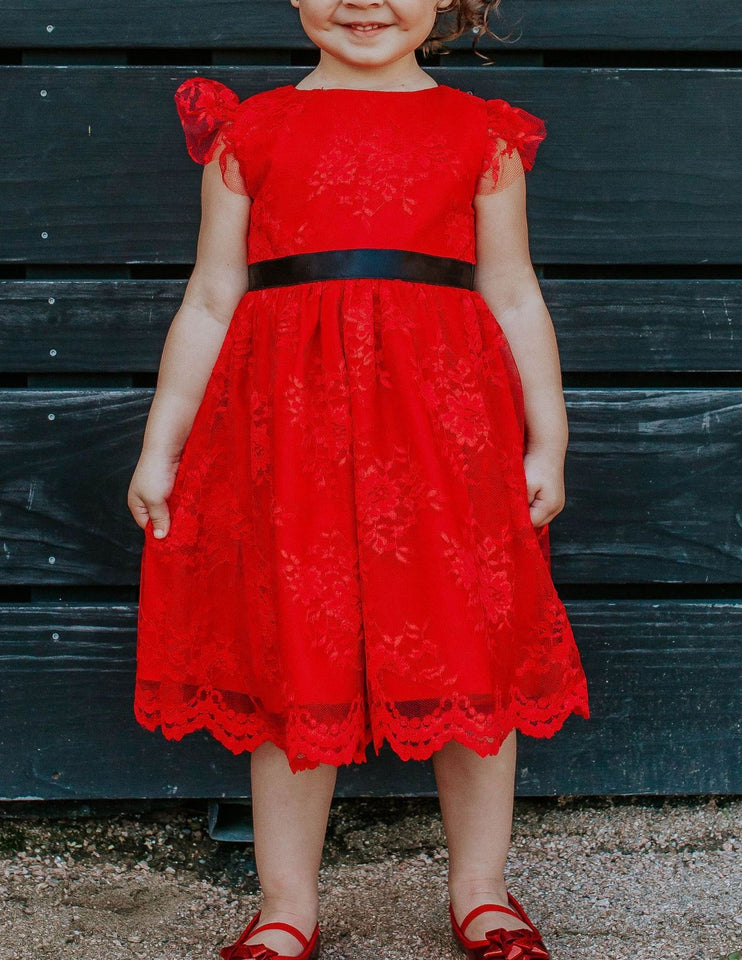little girls red lace Christmas dress with black satin sash