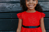 Little Girl's Red Lace Dress with Black Satin Sash
