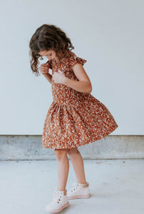 Little Girl's Brown and White Floral Jersey Cotton Three Pocket Dress