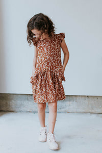 Little Girl's Brown and White Floral Jersey Cotton Three Pocket Dress