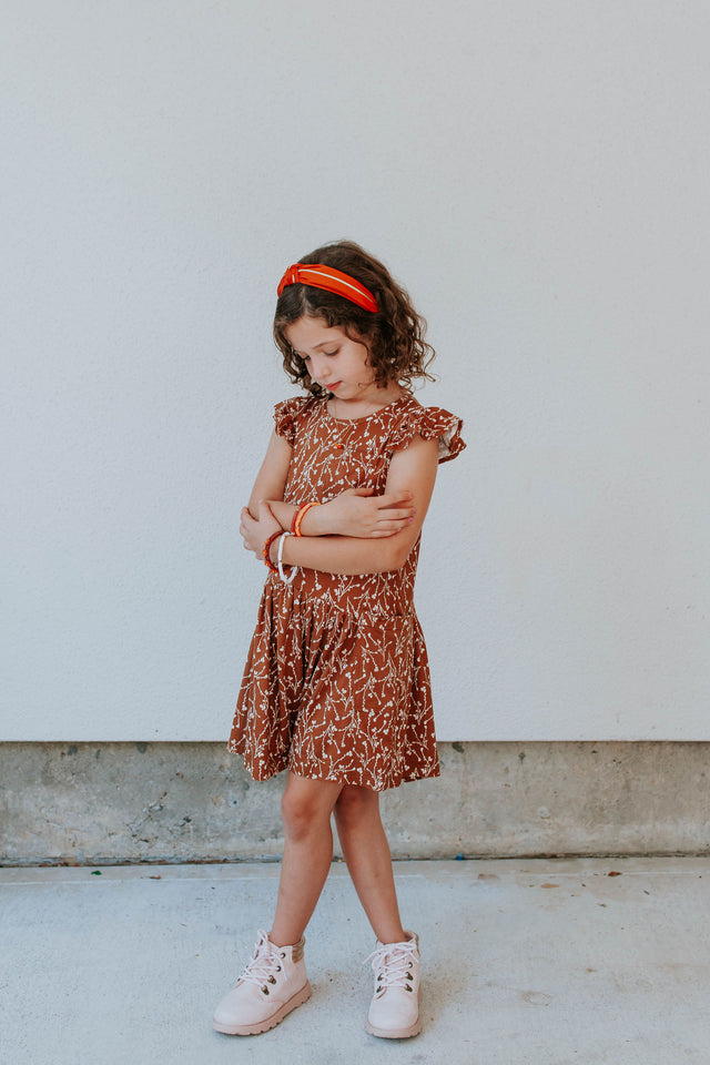 Little Girl's Brown and White Floral Jersey Cotton Three Pocket Dress