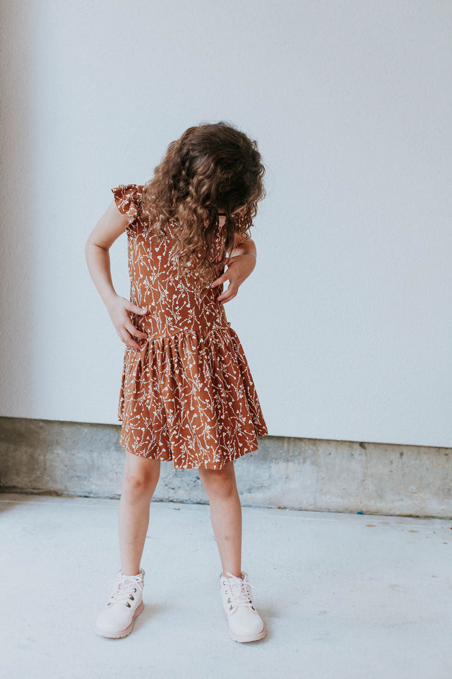 Little Girl's Brown and White Floral Jersey Cotton Three Pocket Dress