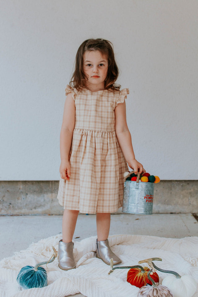 Little Girl s Beige Plaid Ruffle Sleeve Cotton Dress cuteheads