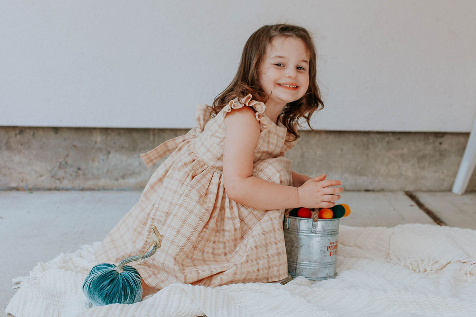 Little Girl's Beige Plaid Ruffle Sleeve Cotton Dress