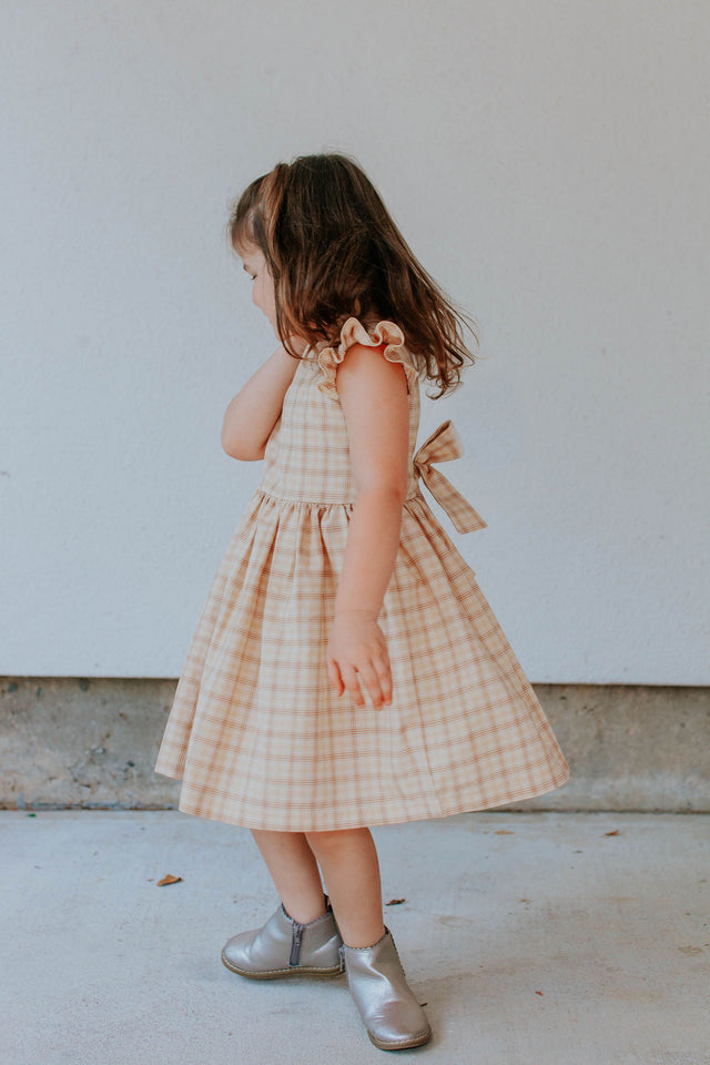 little girls beige plaid ruffle sleeve dress