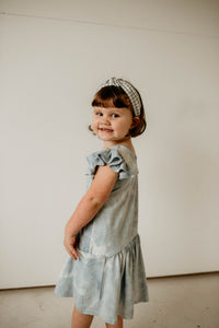 cute blue and gray tie dye dress with flutter sleeves