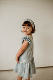 cute blue and gray tie dye dress with flutter sleeves