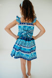 Little Girl's Blue Stripe Jewish Star and Menorah Print Flutter Sleeve Hanukkah Dress