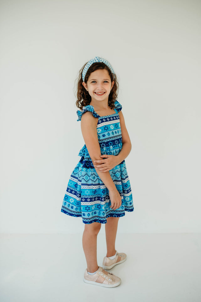 Little Girl's Blue Stripe Jewish Star and Menorah Print Flutter Sleeve Hanukkah Dress