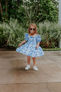 Little Girl's Blue Watercolor Floral Puff Sleeve Twirl Dress
