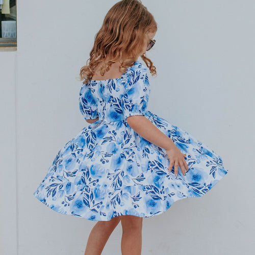 Little Girl's Blue Watercolor Floral Puff Sleeve Twirl Dress
