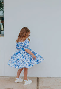 Little Girl's Blue Watercolor Floral Puff Sleeve Twirl Dress