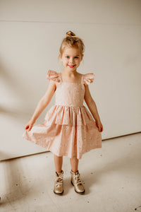 Girl's Blush Pink and White Daisy Print Peplum Twirl Dress