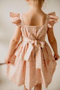 Girl's Blush Pink and White Daisy Print Peplum Twirl Dress