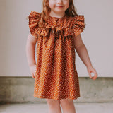 Little Girl's Brown and White Polka Dot Cotton Ruffle Collar Shift Dress