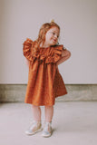 Little Girl's Brown and White Polka Dot Cotton Ruffle Collar Shift Dress