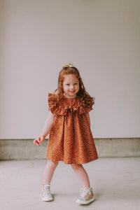 Little Girl's Brown and White Polka Dot Cotton Ruffle Collar Shift Dress
