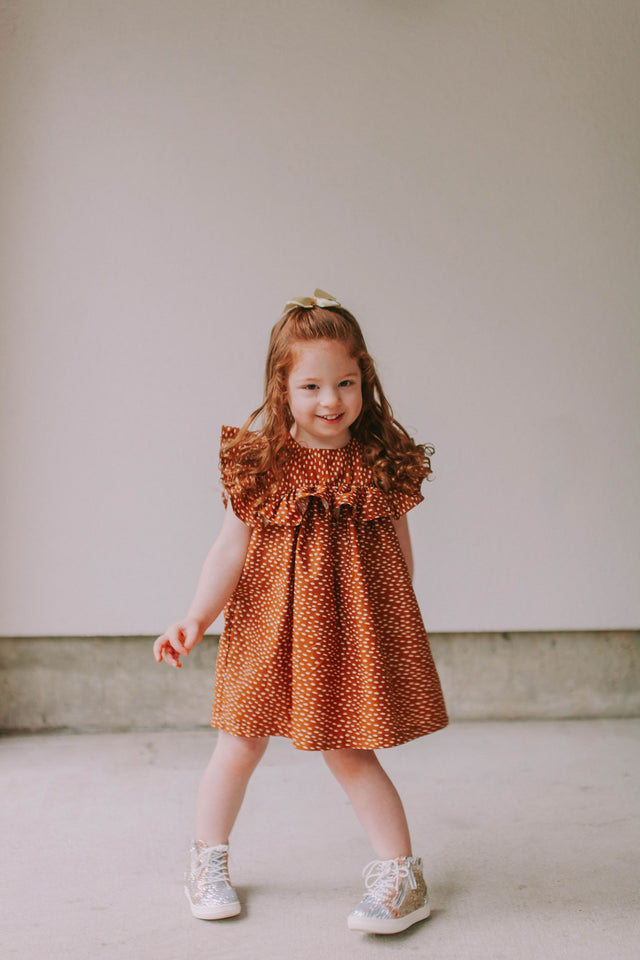 Little Girl's Brown and White Polka Dot Cotton Ruffle Collar Shift Dress