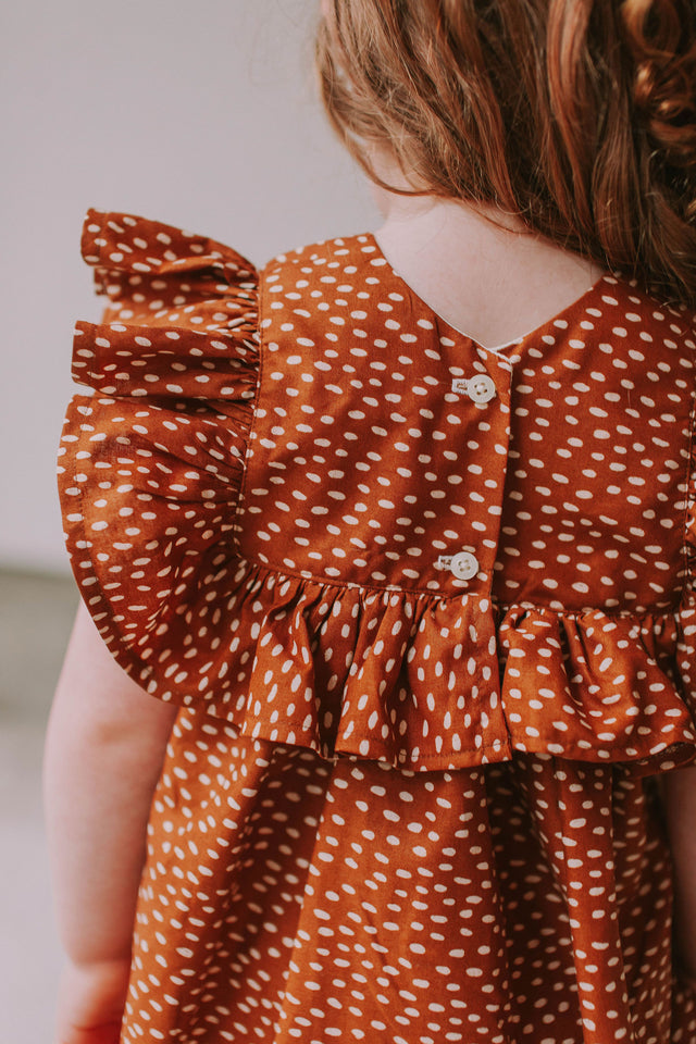 Little Girl's Brown and White Polka Dot Cotton Ruffle Collar Shift Dress