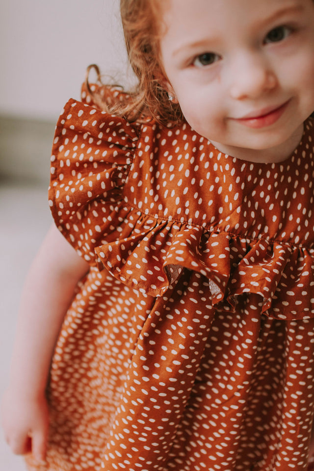 Little Girl's Brown and White Polka Dot Cotton Ruffle Collar Shift Dress