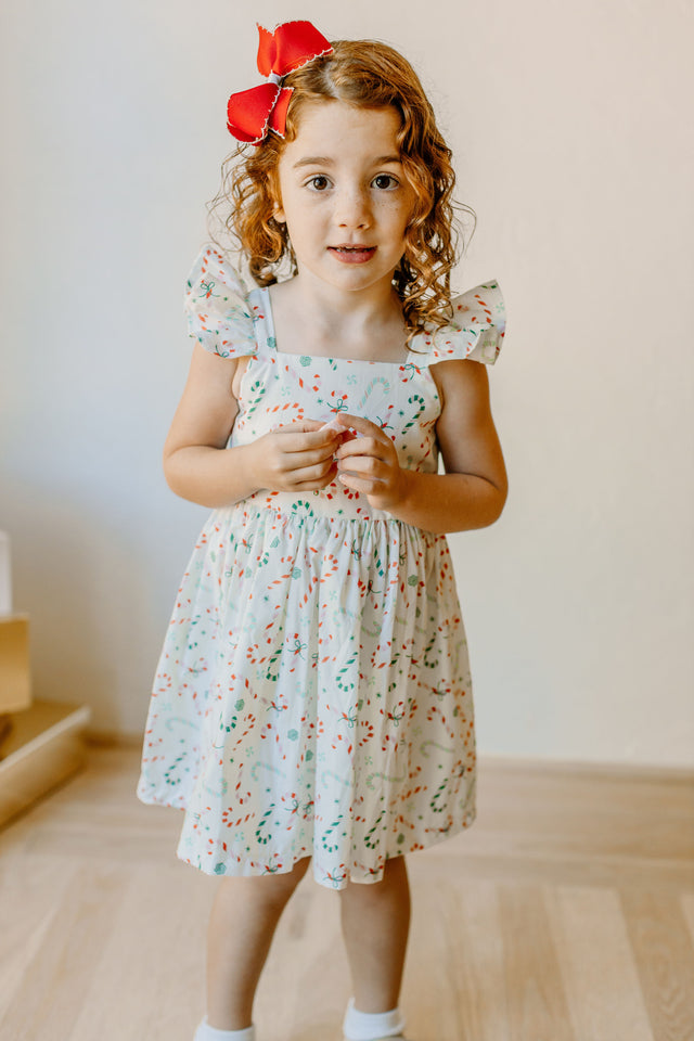 little girls ditsy candy cane print christmas dress