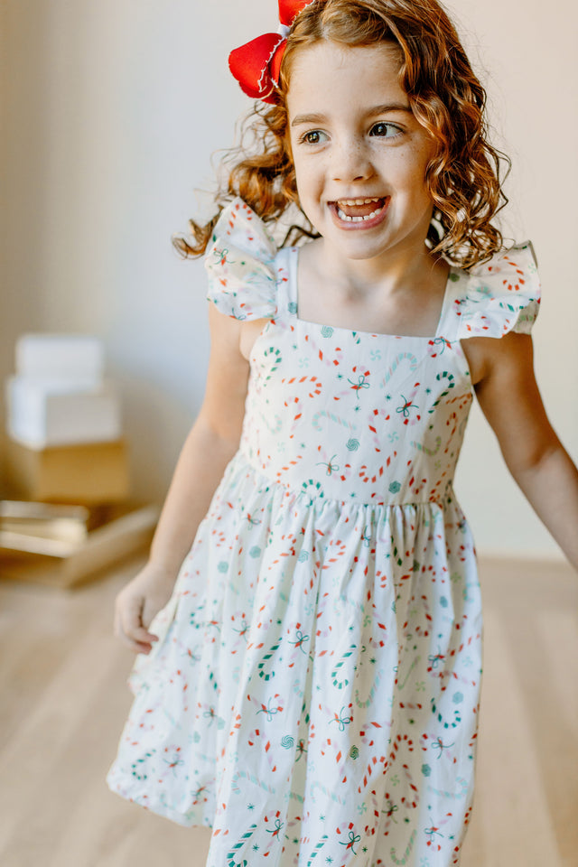 little girls ditsy candy cane print christmas dress