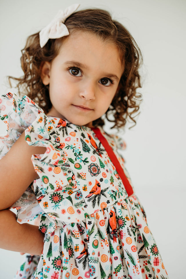 Little Girl's Cardinal Print Christmas Ruffle Sleeve Cotton Dress