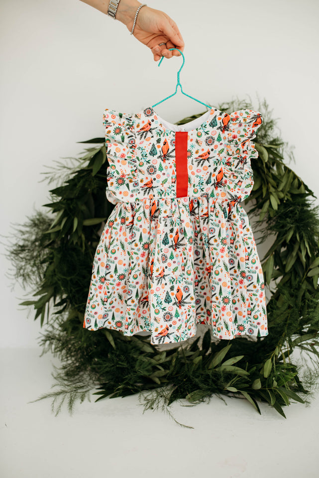 Little Girl's Cardinal Print Christmas Ruffle Sleeve Cotton Dress