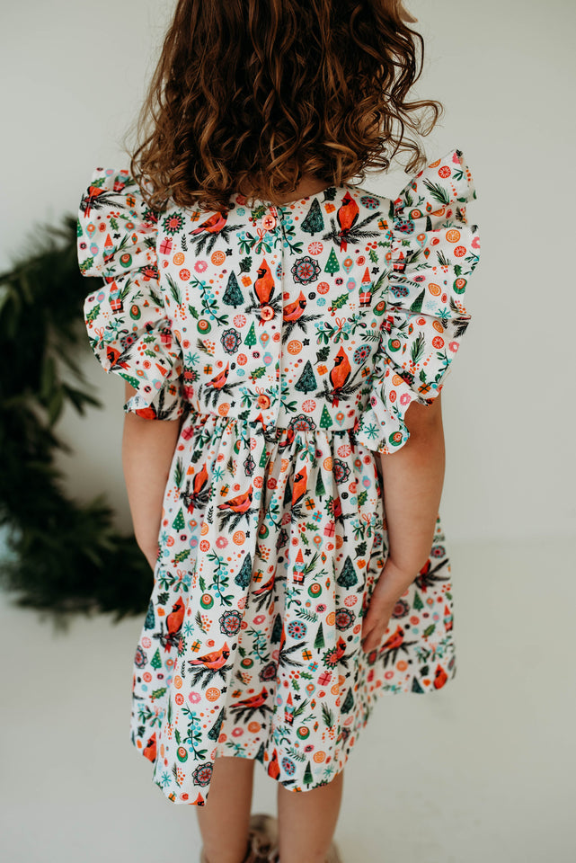 cardinal print Christmas tree twirl dress