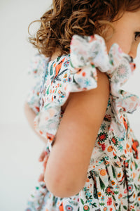 Little Girl's Cardinal Print Christmas Ruffle Sleeve Cotton Dress
