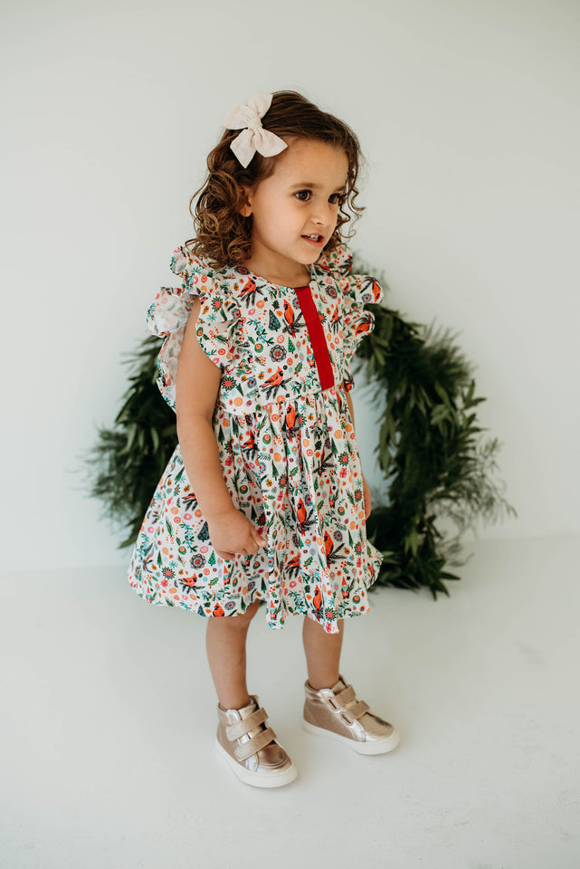 Little Girl's Cardinal Print Christmas Ruffle Sleeve Cotton Dress