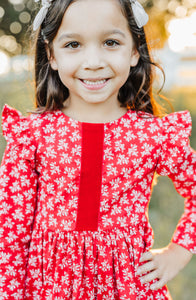 Little Girl's Red and White Ditsy Floral Christmas Dress with Red Trim