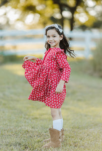 Little Girl's Red and White Ditsy Floral Christmas Dress with Red Trim