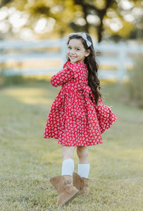 Little Girl's Red and White Ditsy Floral Christmas Dress with Red Trim
