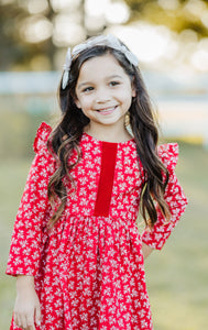Little Girl's Red and White Ditsy Floral Christmas Dress with Red Trim