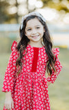 Little Girl's Red and White Ditsy Floral Christmas Dress with Red Trim