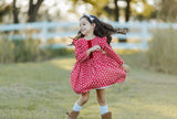Little Girl's Red and White Ditsy Floral Christmas Dress with Red Trim