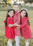 Little Girl's Red Ditsy Calico Floral Dress with Pom Pom Trim