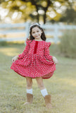 Little Girl's Red and White Ditsy Floral Christmas Dress with Red Trim