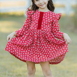 Little Girl's Red and White Ditsy Floral Christmas Dress with Red Trim