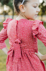 Little Girl's Red Ditsy Calico Floral Dress with Pom Pom Trim